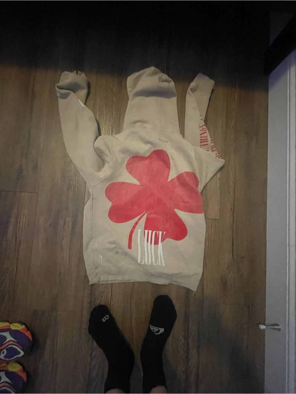 Cream Hoodie with Red Clover Graphic - Luck Design